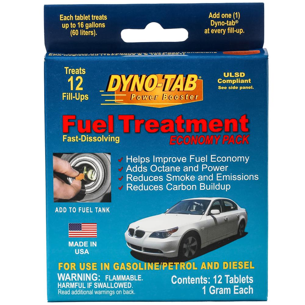 DYNO TAB Fuel Treatment – for GASOLINE & DIESEL Engines, Boost Power, Reduce Knocking & Improve Acceleration, 12 Tablet Card, 1 Tablet Treats 60L – 45412