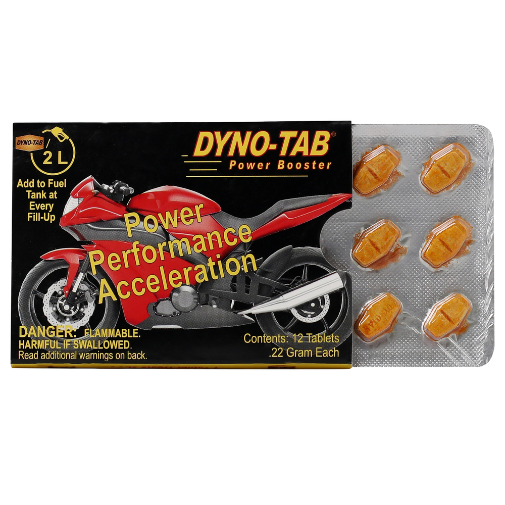 DYNO TAB Octane Booster – for GASOLINE Bikes & Motorcycles Engines, Boost Power, Reduce Knocking & Improve Acceleration, 12 Tablet Card, 1 Treats 2L - 45445